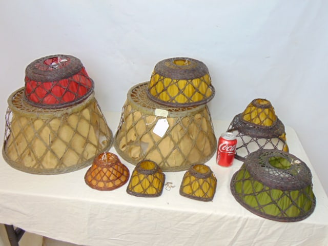 10 "Stickley" wicker shades, pair & 2 sets of 4, linen lined, two large shades have a diameter of (1 of 10)