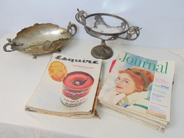 2 pieces silverplate & lot vintage Magazines, silverplate bowl (no insert) & bowl with dragons, plus (1 of 6)