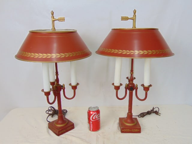 Pair tole paint decorated table lamps with tole shades, each lamp has 3 sockets, height is 23.75" (1 of 4)