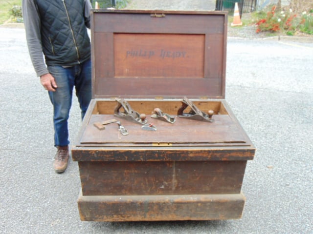 Early tool chest with tools, "Philip Heady", includes a collection of planes and more. (1 of 10)