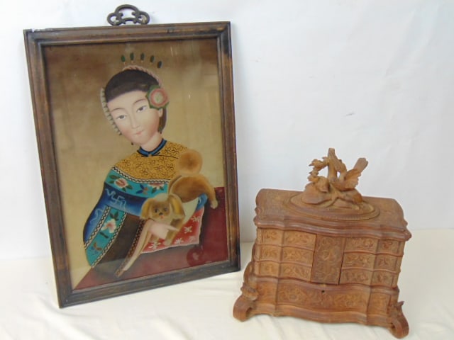 Black forest jewelry box & Eglomise portrait, black forest jewelry box with swing out drawers, has (1 of 11)