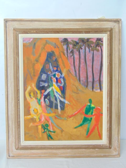 Painting, dancing figures, signed Ikei, oil on Masonite, 18" by 14" (1 of 4)