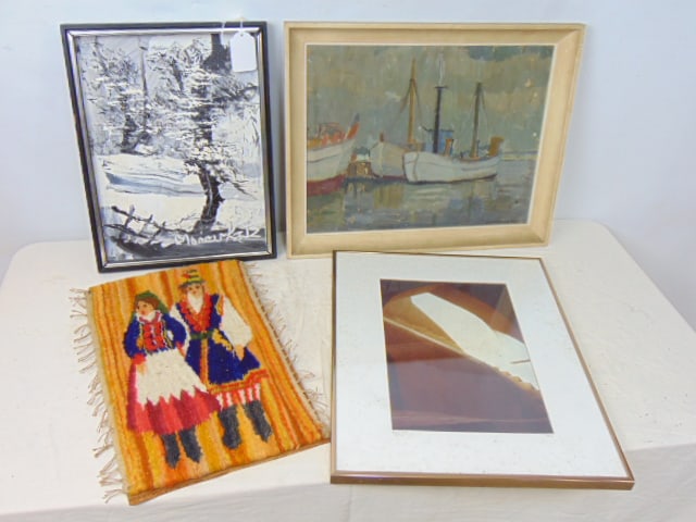 Art lot, Morris Katz oil, ethnic weaving, oil, docked boats & framed photograph, Morris Katz winter (1 of 9)