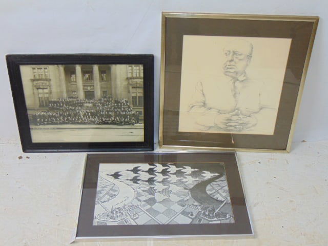 Escher print, Geese over Holland; pencil drawing, Alfred Hitchcock, signed Wright & 1918 Yale group (1 of 8)