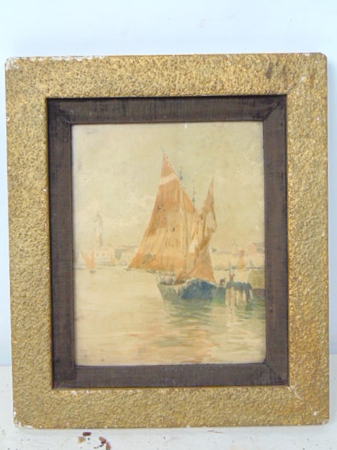 Painting, sailboat in Venice, "1831, W.M." on sail, watercolor, 9 5/8" by 7 5/8": Painting, sailboat in Venice, "1831, W.M." on sail, watercolor, 9 5/8" by 7 5/8"