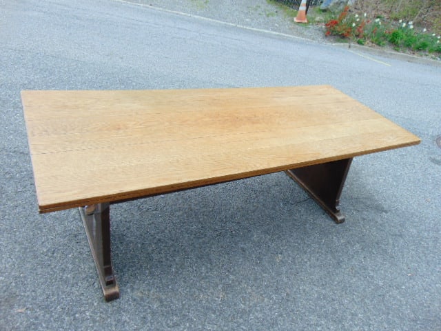 Large trestle table in oak top refinished, keyhole sides, table is 90" long, 35.5" wide, height is (1 of 7)