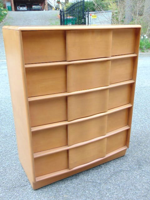 5 drawer Heywood Wakefield tall chest, champagne finish, chest is 38" wide, 18.5" deep, height is (1 of 4)