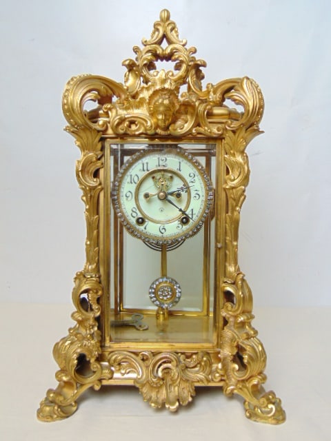 Heavy bronze crystal regulator with jeweled dial & pendulum, Ansonia, beveled glass, 10.5" by 8.75", (1 of 8)
