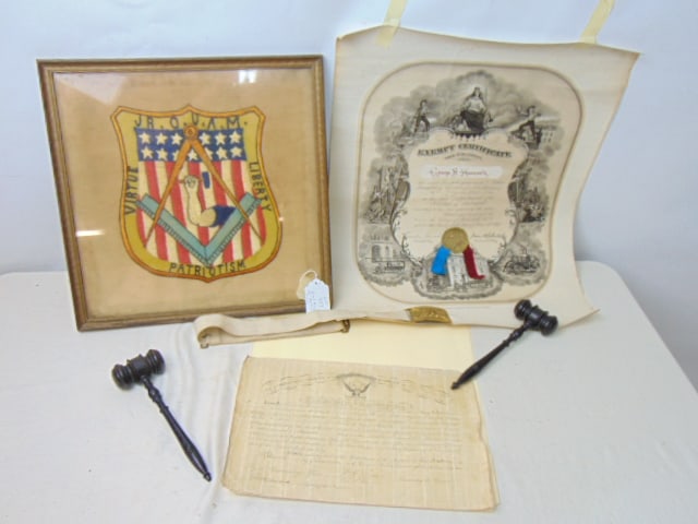 Grand Army of the Republic & Masonic lot, pair gavels, belt, buckle, Certificate, document "The (1 of 9)