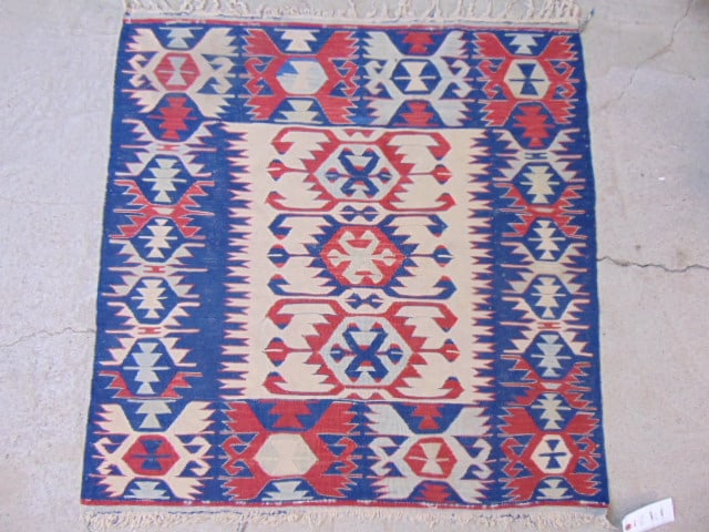 Small Kilim, flatweave rug, in red, blue, 40" by 39" (1 of 4)