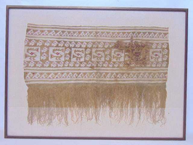 Ancient South American textile panel, framed, fabric is 11.75" tall (including fringe), width is (1 of 6)