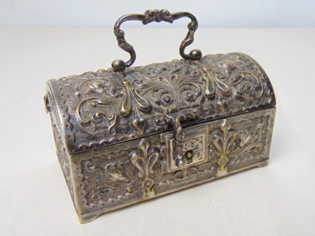 Silver plated jewel box, domed top casket, with handle, lock, no key, ornately decorated, 4 1/8" by (1 of 5)