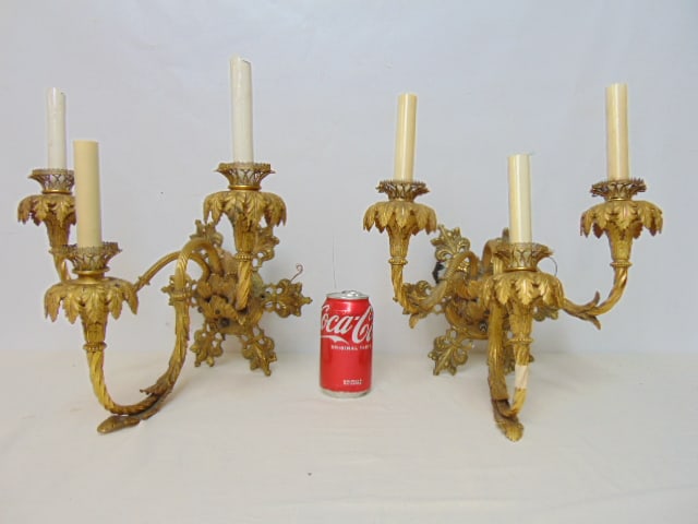Pair of gilt bronze wall sconces, triple arms, candle sleeves chipped, sconces aren 15" tall, 13.5" (1 of 5)