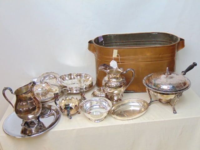 Large lot silver-plate & copper boiler, ice water pitcher, various dishes, candle holder, more (1 of 5)
