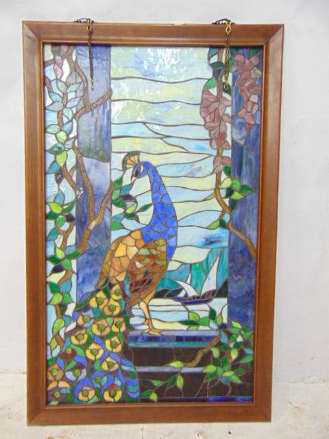 Leaded glass window with peacock scene, not old, window is 36.5" by 23": Leaded glass window with peacock scene, not old, window is 36.5" by 23"