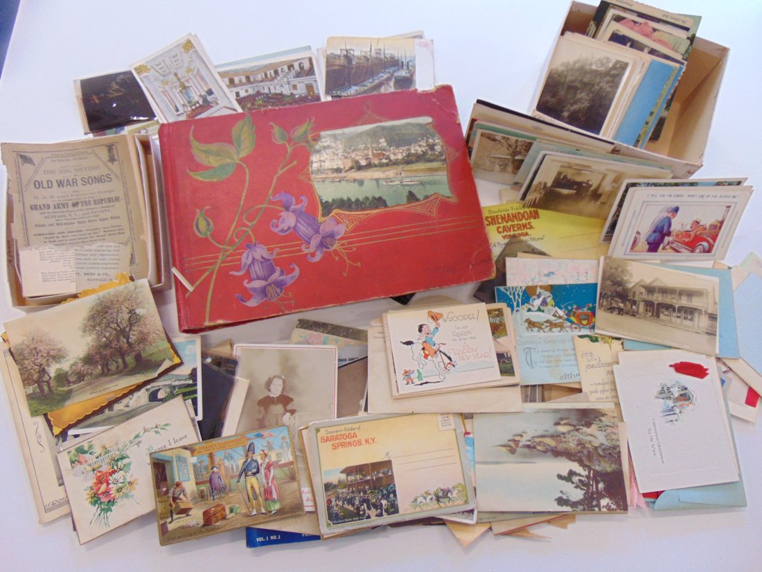 Lot postcards, ephemera, photographs & more, includes a Vintage postcard album, large lot (1 of 13)