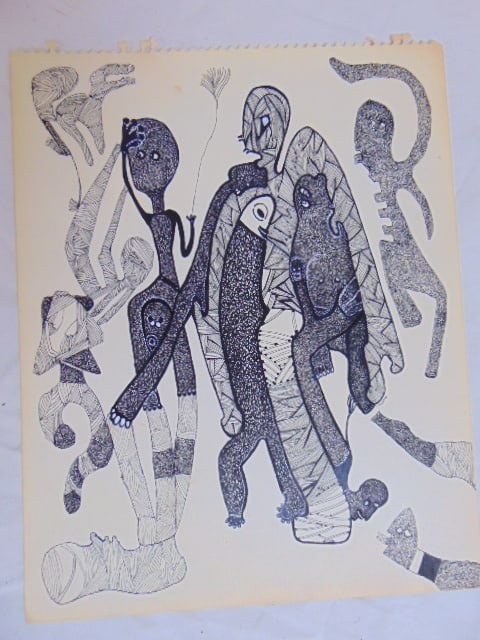 Ink drawing, figures, Louise Abrams, 13.5" by 11", unsigned. (1 of 4)