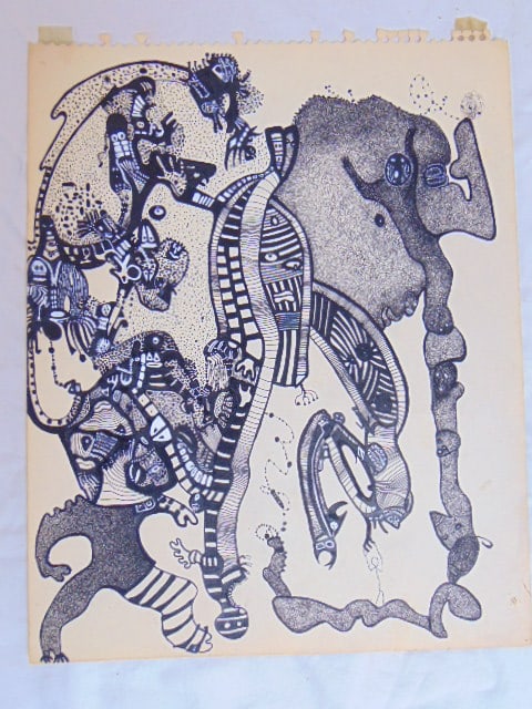 Ink drawing, figures, Louise Abrams, 13.5" by 11", unsigned. (1 of 3)