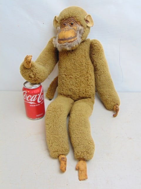 German monkey similar to Steiff Jocko, with leather face, feet, hands, glass eyes, monkey is 21" (1 of 5)