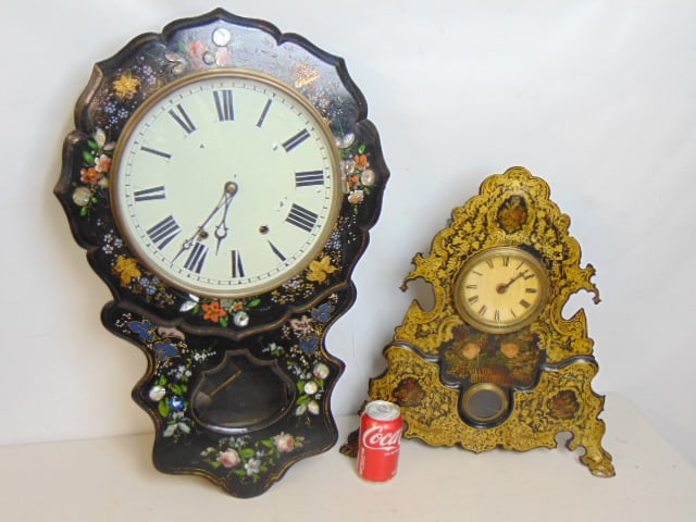 Two decorative clocks, paper mache paint decorated wall clock with mother of pearl inlaid detail, (1 of 10)