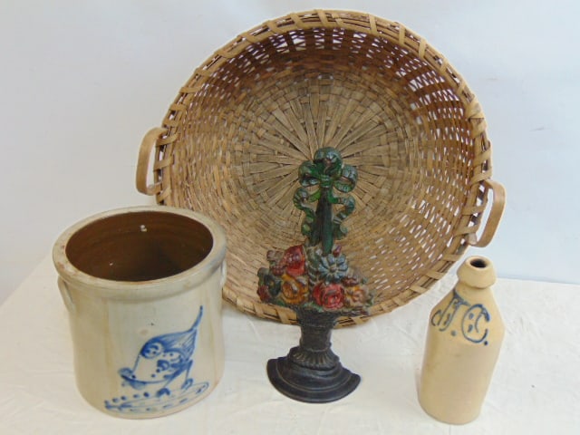 2 stoneware crocks, large basket & cast iron Albany flower basket doorstop, crock is decorated with (1 of 5)