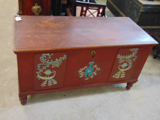 Paint decorated pine trunk, in red with painted front panels, Swedish style, trunk is 48" by 21.5", (1 of 4)