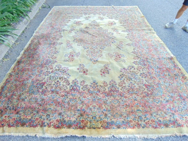 Kerman room size carpet in ivory, 9'6" by 14'4", signed, worn, some stains. (1 of 5)
