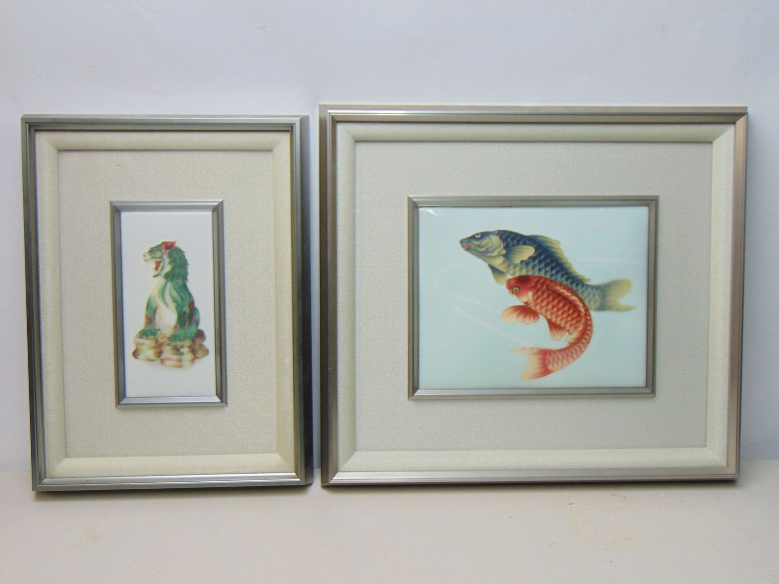 2 framed cloisonne scenes, Foo dog & Koi, enameled cloisonne on copper unsigned, Foo dog is 18.75" (1 of 7)