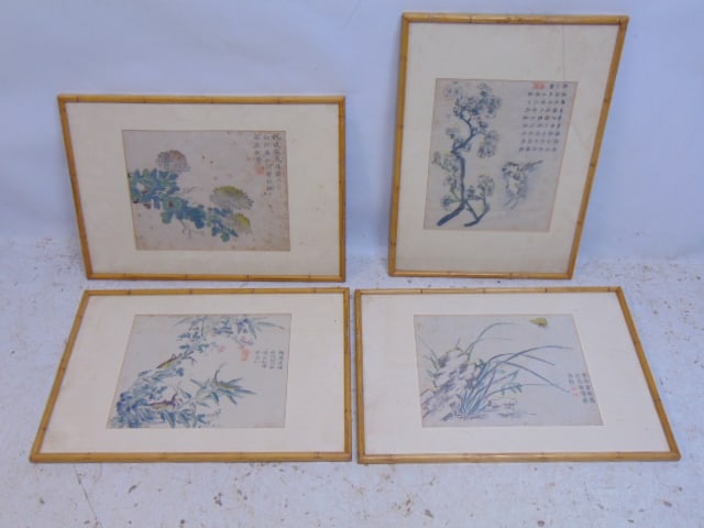 4 early Chinese watercolors, various insects & plants, all signed (calligraphy), have condition (1 of 9)