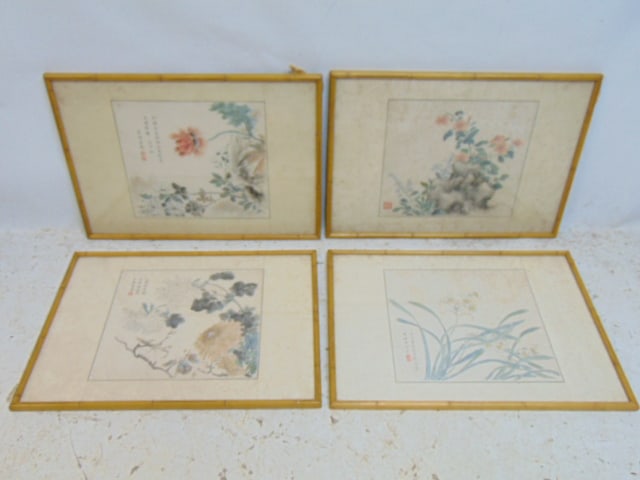 4 early Chinese watercolors, floral, botanical subjects, signed (calligraphy), condition issues,: 4 early Chinese watercolors, floral, botanical subjects, signed (calligraphy), condition issues, stains, foxing, each watercolor is 14.5" by 20.5"