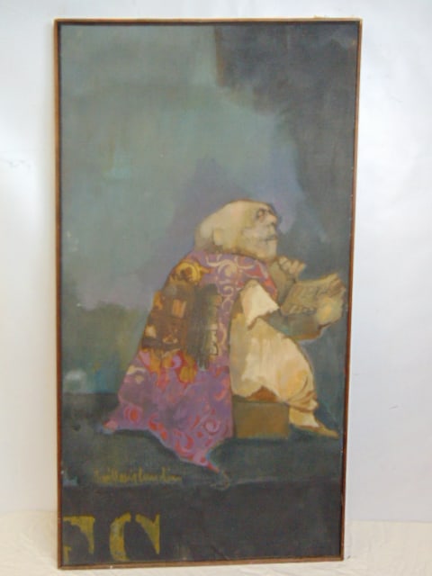 Painting, figure in robe, signed Jewell Lundon (?), oil on canvas, has tear & tear on edge (1 of 7)