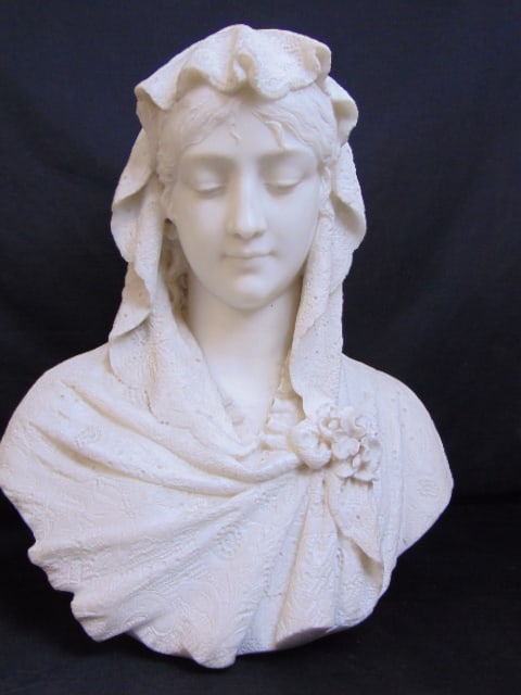 Italian carved marble bust of a lady, Cesare Lapini, Firenze 1887, fine detail in lace head (1 of 8)