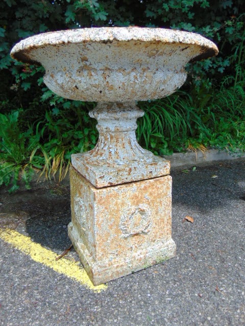 Large Victorian cast iron garden urn, 19th Century, old paint, 34.5" tall, top diameter is 30" (1 of 4)