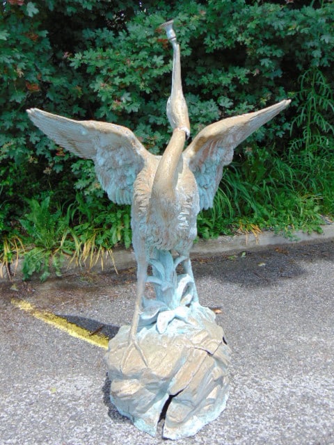 Large zinc egret shaped fountain, by Fiske, wingspan is 43.5", height is 59", base has part that (1 of 16)