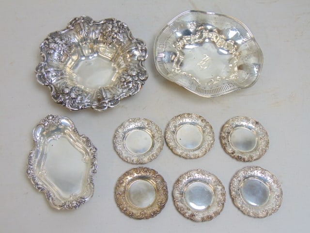Lot sterling silver hollowware, 3 bowls & set of 6 nut dishes, 19 troy (1 of 5)