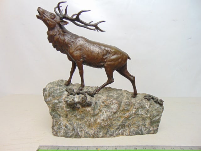 Bronze elk on stone base with applied bronze decoration, unsigned, base (stone) is 15" long, 6" (1 of 6)