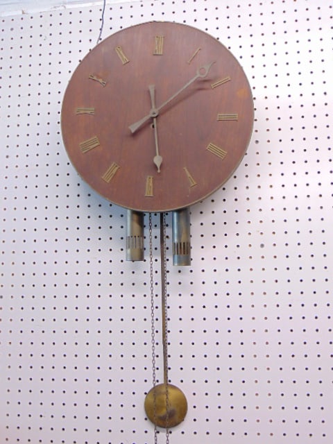Mid Century wall clock, wood face, two brass weights, diameter is 16" (1 of 4)