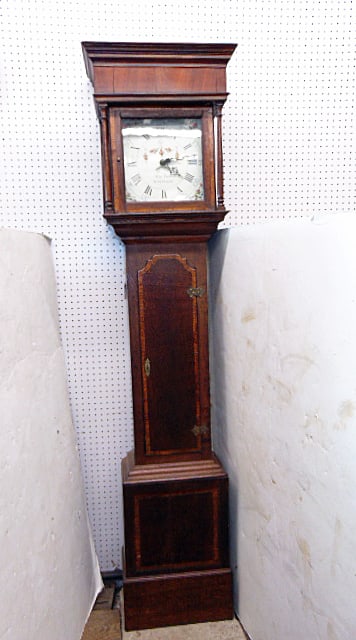 Antique tall case clock by Cha's Dale, Atherstone, oak case with banded inlay, needs repair, with (1 of 7)
