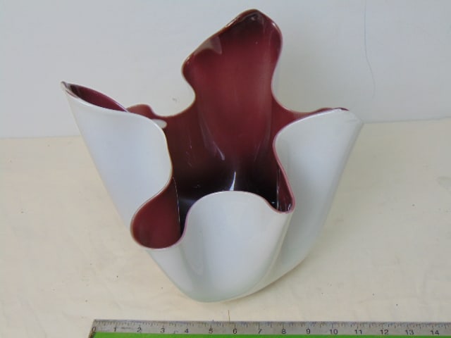 Handkerchief art glass bowl signed Venini, white exterior, reddish brown interior, good condition, (1 of 10)
