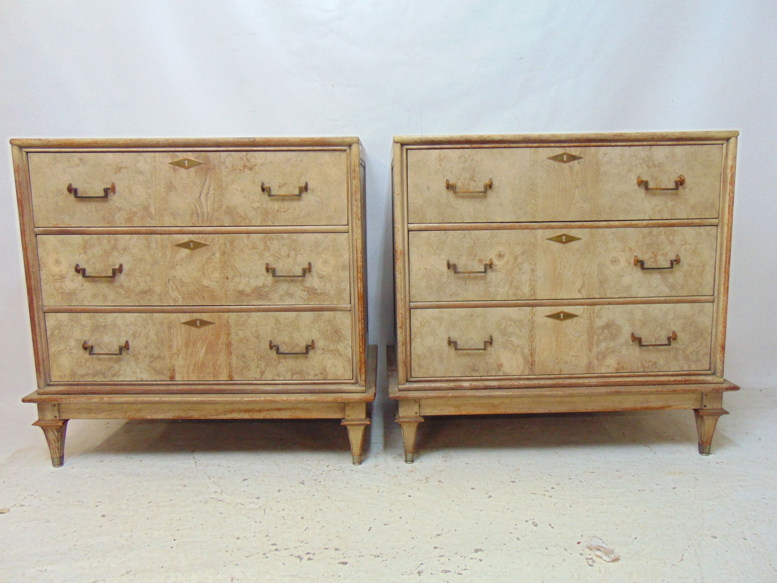 Pair Ceruled Chests In Burl Mahogany, Oak Tops, By Mastercraft
