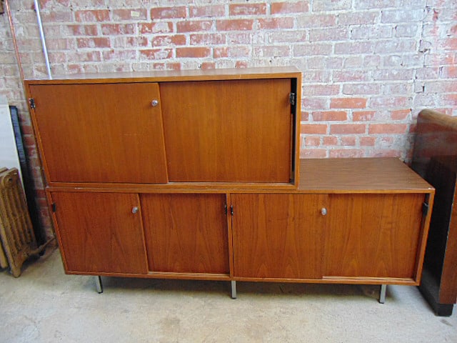 Mid Century sideboard with additional sliding door cabinet, leather pulls, bottom cabinet is 71" (1 of 4)