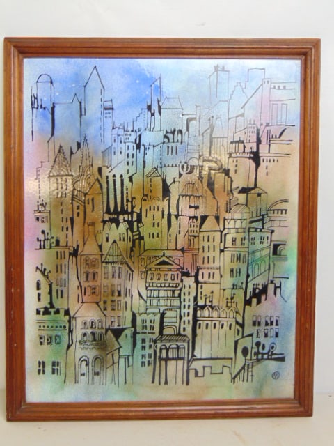 Painting on enamel, cityscape, various buildings, signed "M", 19.25" by 15.5": Painting on enamel, cityscape, various buildings, signed "M", 19.25" by 15.5"