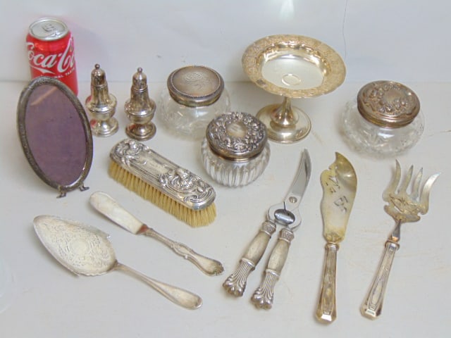 Lot weighted sterling & sterling lidded glass jars, includes salt & peppers, vanity brush, compote, (1 of 4)