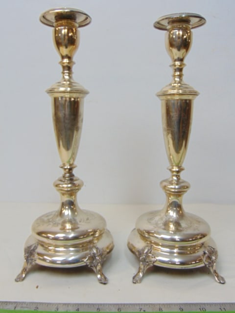 Pair Judaica sterling candle holders, sticks, weighted in center, floral engraved decoration, height (1 of 5)