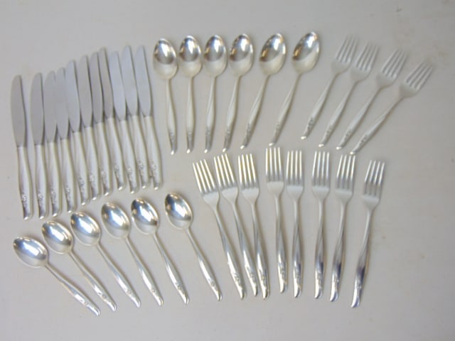 Lot Gorham sterling silver flatware, 8 large forks, 4 small forks, 6 small spoons, 6 large spoons, (1 of 6)