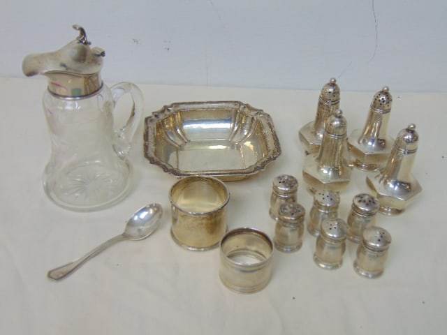 Sterling silver lot, salt, pepper, napkin rings, bowl & glass syrup pitcher with sterling lid, 14 (1 of 4)