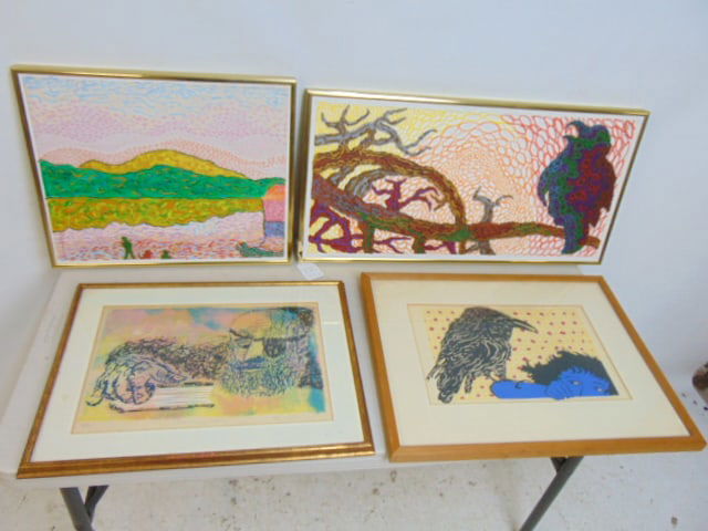 4 paintings, lithographs by Meyer Lieberman, Woodstock artist, includes two paintings & 2 (1 of 9)