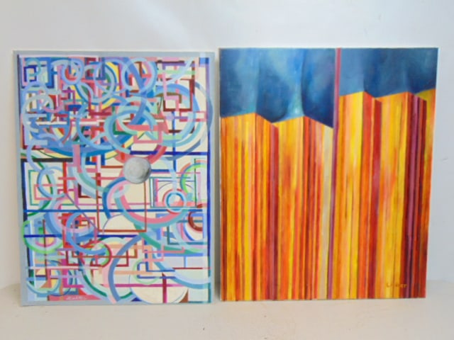 2 paintings, abstract scenes, Morton Lichter, oil on canvas (one laid down on white board), 24" by (1 of 7)