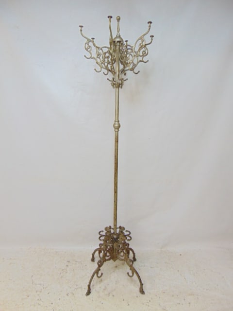Iron hat rack, coat tree, silver painted iron hall tree with 6 ornate coat & hat hooks & umbrella (1 of 5)