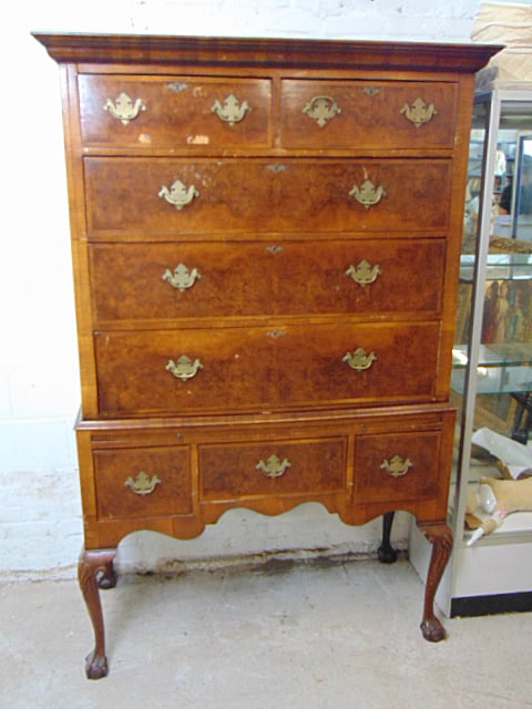English highboy, burl wood veneer drawer fronts, ball & claw feet & pull out shelf, has some veneer (1 of 5)